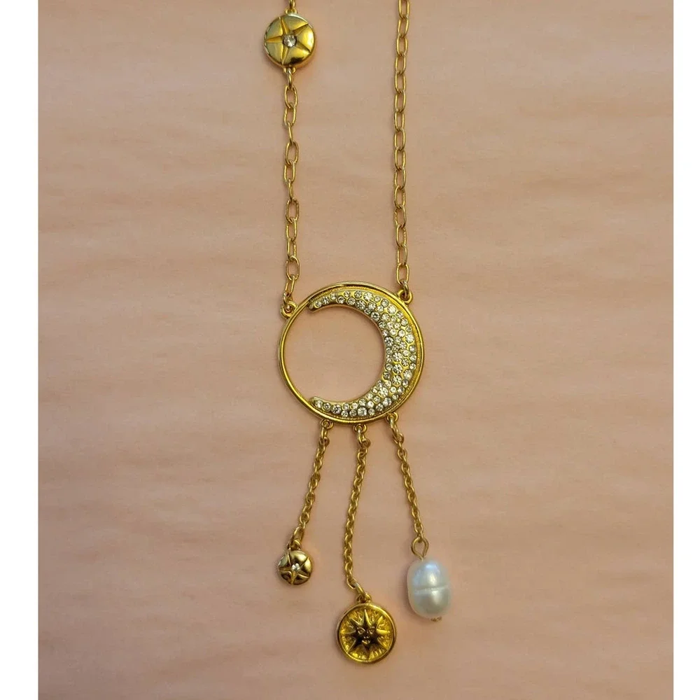 J. Crew - Long charm crescent moon gold pearl gold bohemian necklace